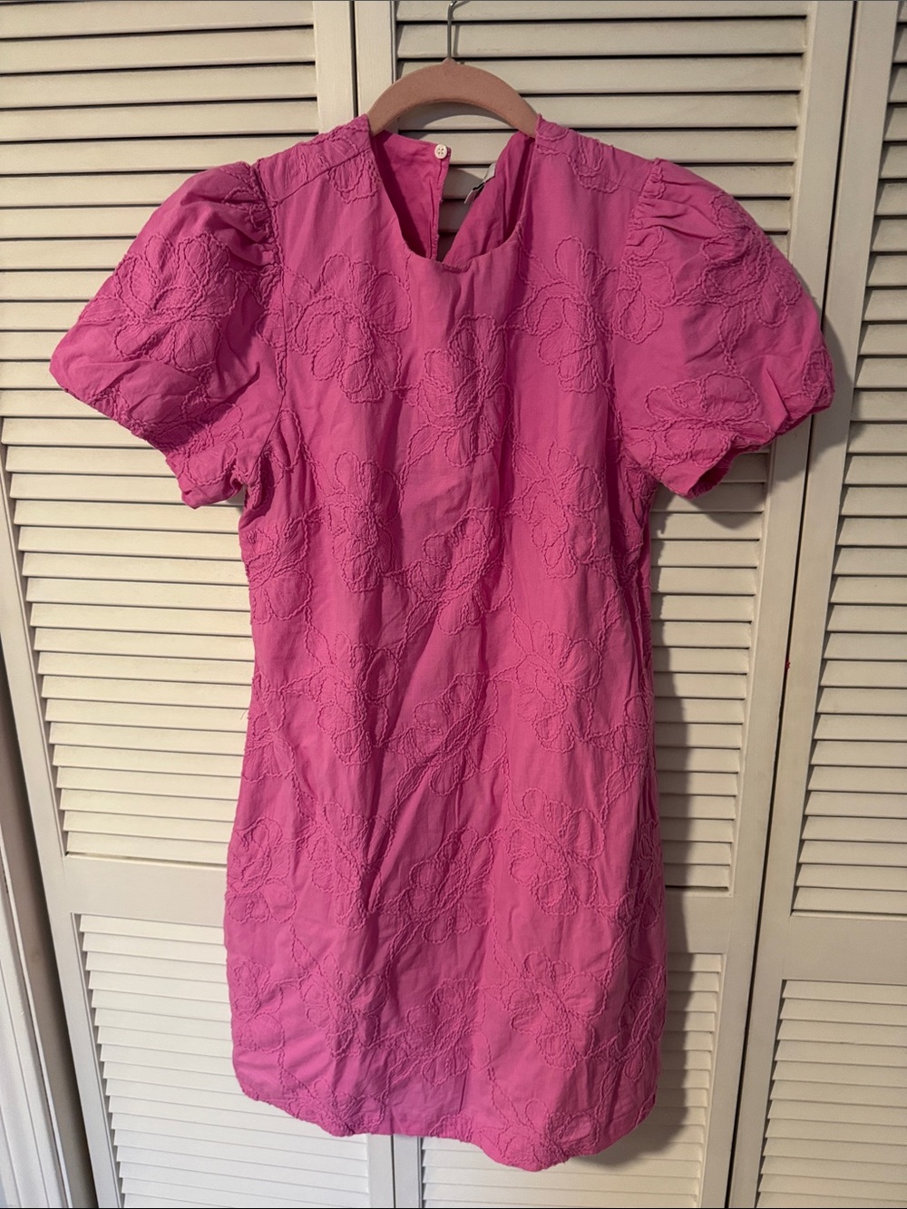 Jcrew Pink Puff-Sleeve Embroidered Shift Dress